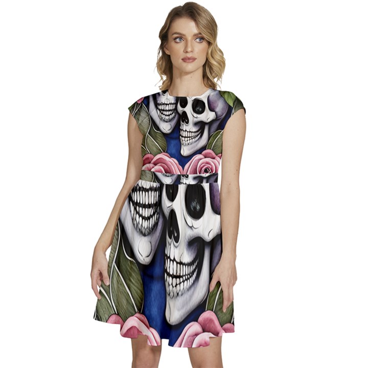 Skulls and Flowers Cap Sleeve High Waist Dress