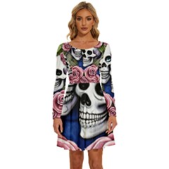 Skulls And Flowers Long Sleeve Wide Neck Velour Dress by GardenOfOphir