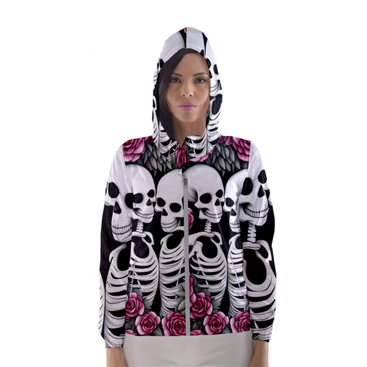 black and white rose sugar skull Women s Hooded Windbreaker