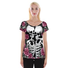 Black And White Rose Sugar Skull Cap Sleeve Top by GardenOfOphir