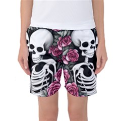 Black And White Rose Sugar Skull Women s Basketball Shorts by GardenOfOphir