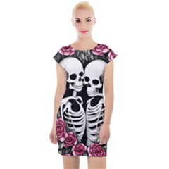 Black And White Rose Sugar Skull Cap Sleeve Bodycon Dress by GardenOfOphir