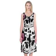 Black And White Rose Sugar Skull Midi Sleeveless Dress by GardenOfOphir