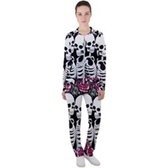 Black And White Rose Sugar Skull Casual Jacket And Pants Set by GardenOfOphir