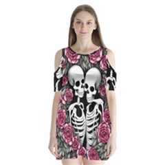 Black And White Rose Sugar Skull Shoulder Cutout Velvet One Piece by GardenOfOphir