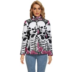 Black And White Rose Sugar Skull Women s Puffer Bubble Jacket Coat by GardenOfOphir