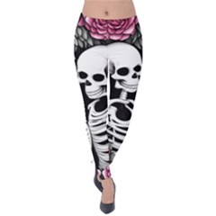 Black And White Rose Sugar Skull Velvet Leggings by GardenOfOphir