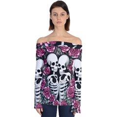 Black And White Rose Sugar Skull Off Shoulder Long Sleeve Top by GardenOfOphir