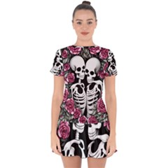 Black And White Rose Sugar Skull Drop Hem Mini Chiffon Dress by GardenOfOphir