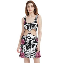 Black And White Rose Sugar Skull Velour Cutout Dress by GardenOfOphir