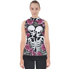 Black And White Rose Sugar Skull Mock Neck Shell Top by GardenOfOphir