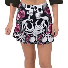 Black And White Rose Sugar Skull Fishtail Mini Chiffon Skirt by GardenOfOphir