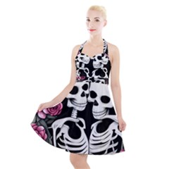 Black And White Rose Sugar Skull Halter Party Swing Dress  by GardenOfOphir