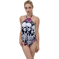 Black And White Rose Sugar Skull Go With The Flow One Piece Swimsuit by GardenOfOphir