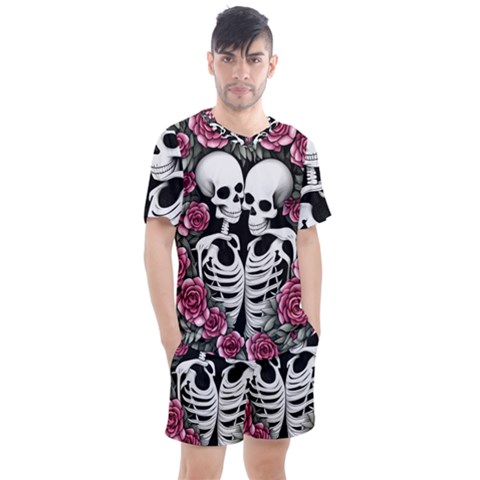 Black And White Rose Sugar Skull Men s Mesh Tee And Shorts Set by GardenOfOphir