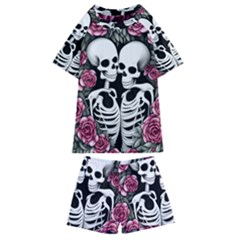 Black And White Rose Sugar Skull Kids  Swim Tee And Shorts Set by GardenOfOphir