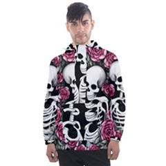 Black And White Rose Sugar Skull Men s Front Pocket Pullover Windbreaker by GardenOfOphir