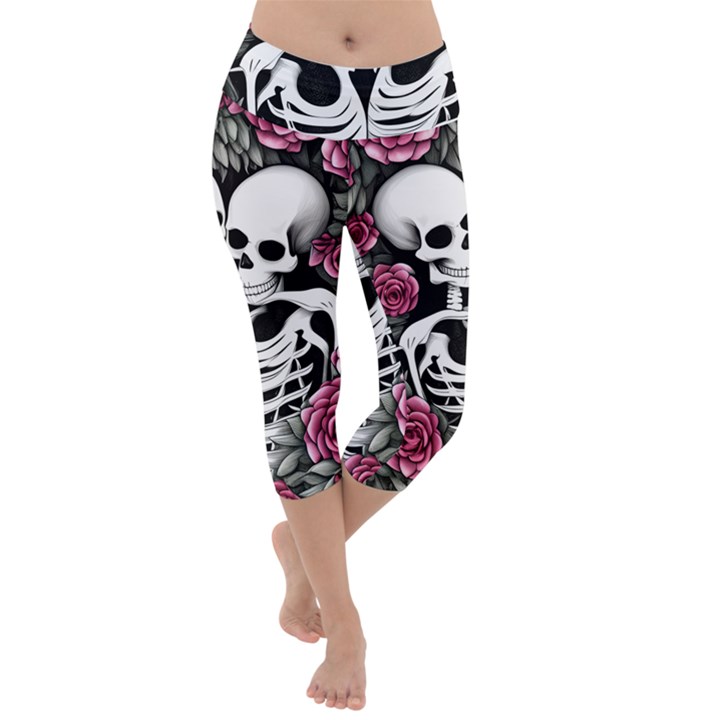 black and white rose sugar skull Lightweight Velour Capri Yoga Leggings