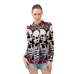 Black And White Rose Sugar Skull Long Sleeve Chiffon Shirt