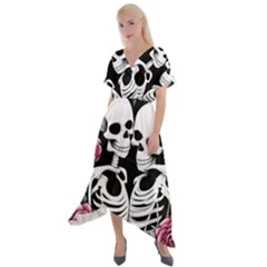 Black And White Rose Sugar Skull Cross Front Sharkbite Hem Maxi Dress by GardenOfOphir