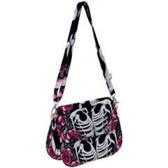 Black And White Rose Sugar Skull Saddle Handbag by GardenOfOphir