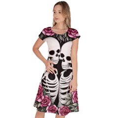 Black And White Rose Sugar Skull Classic Short Sleeve Dress by GardenOfOphir