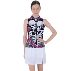 Black And White Rose Sugar Skull Women s Sleeveless Polo Tee by GardenOfOphir