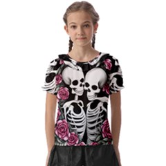 Black And White Rose Sugar Skull Kids  Frill Chiffon Blouse by GardenOfOphir