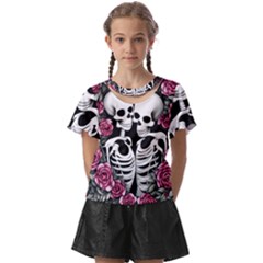 Black And White Rose Sugar Skull Kids  Front Cut Tee by GardenOfOphir