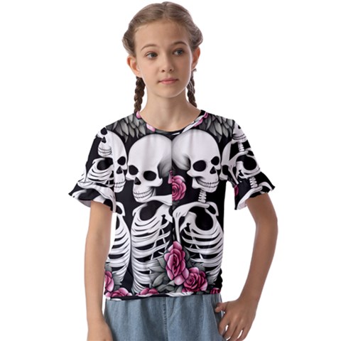 Black And White Rose Sugar Skull Kids  Cuff Sleeve Scrunch Bottom Tee by GardenOfOphir