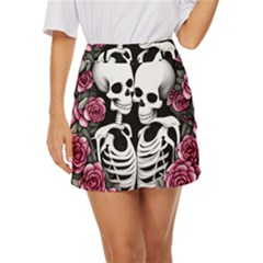 Black And White Rose Sugar Skull Mini Front Wrap Skirt by GardenOfOphir