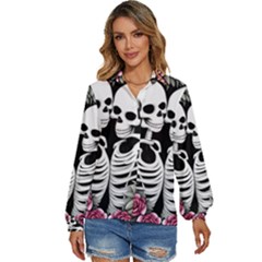 Black And White Rose Sugar Skull Women s Long Sleeve Button Down Shirt