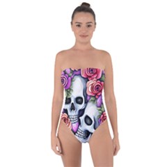 Floral Skeletons Tie Back One Piece Swimsuit by GardenOfOphir