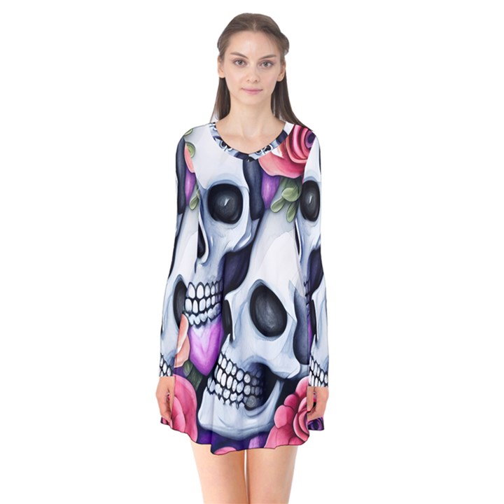 Floral Skeletons Long Sleeve V-neck Flare Dress