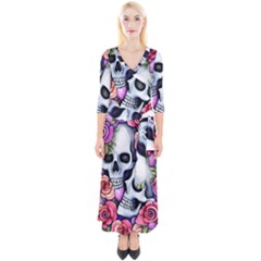 Floral Skeletons Quarter Sleeve Wrap Maxi Dress by GardenOfOphir