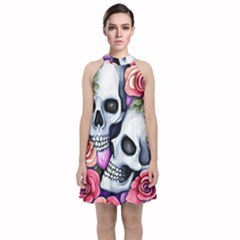 Floral Skeletons Velvet Halter Neckline Dress  by GardenOfOphir