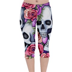 Floral Skeletons Velvet Capri Leggings  by GardenOfOphir