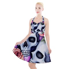 Floral Skeletons Halter Party Swing Dress  by GardenOfOphir