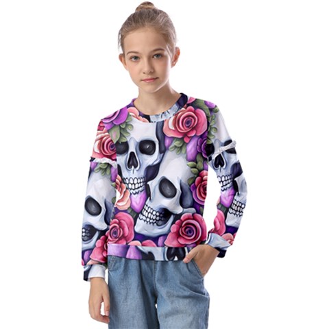 Floral Skeletons Kids  Long Sleeve Tee With Frill  by GardenOfOphir