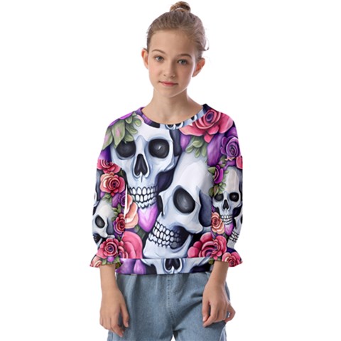 Floral Skeletons Kids  Cuff Sleeve Top by GardenOfOphir