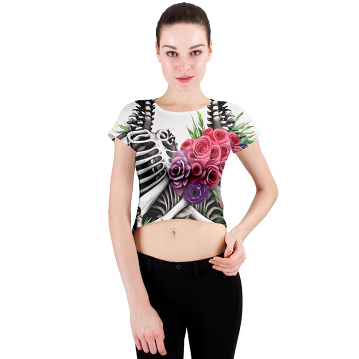 Gothic Floral Skeletons Crew Neck Crop Top