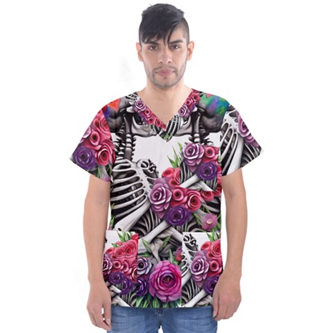 Gothic Floral Skeletons Men s V-neck Scrub Top by GardenOfOphir