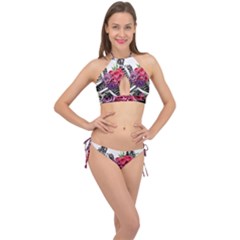 Gothic Floral Skeletons Cross Front Halter Bikini Set by GardenOfOphir