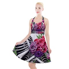 Gothic Floral Skeletons Halter Party Swing Dress  by GardenOfOphir