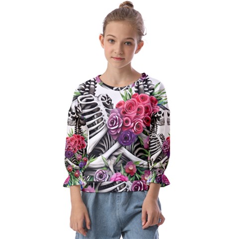 Gothic Floral Skeletons Kids  Cuff Sleeve Top by GardenOfOphir