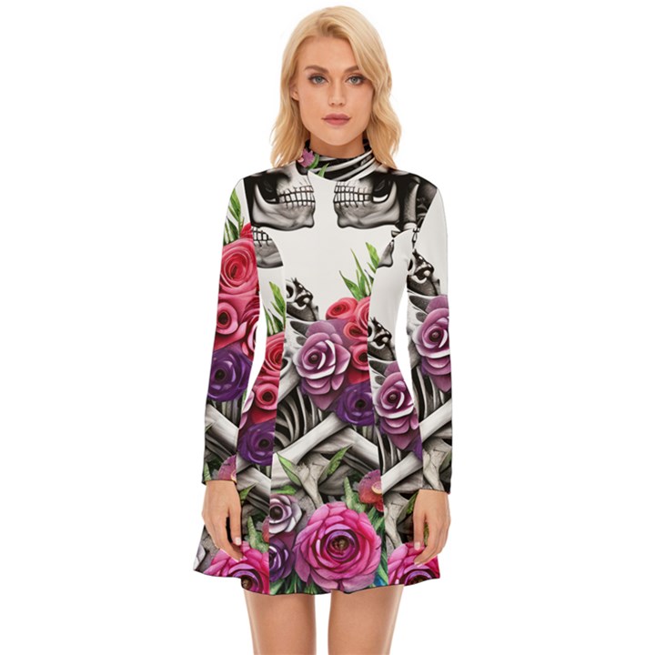 Gothic Floral Skeletons Long Sleeve Velour Longline Dress