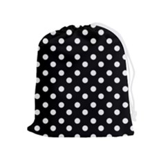 Black And White Polka Dots Drawstring Pouch (xl) by GardenOfOphir