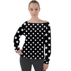 Black And White Polka Dots Off Shoulder Long Sleeve Velour Top by GardenOfOphir