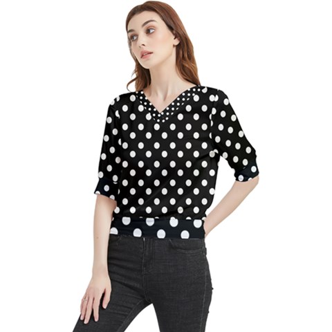 Black And White Polka Dots Quarter Sleeve Blouse by GardenOfOphir