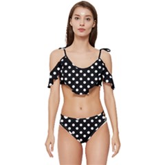 Black And White Polka Dots Ruffle Edge Tie Up Bikini Set	